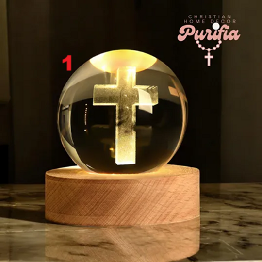 3D Crystal Ball LED Religious Lamp with Wooden Base  ross, Jesus, Nativity & Christian Gifts