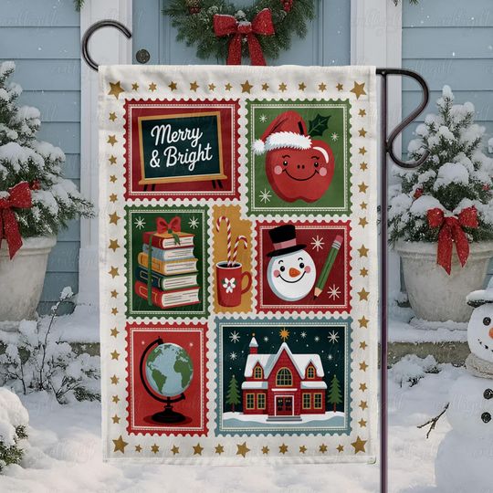 Discover Winter Holiday Postage Stamp Flag, Christmas School Theme Flag, Festive Postcard Collage Style Flag, Merry Bright Classroom Flag, MYE971