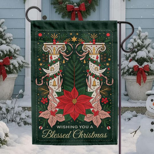 Discover Vintage Blessed Christmas Poinsettia Flag, Elegant Holiday Candle Flag, Christmas Dove Flower Flag, Festive Poinsettia Outdoor Flag,MYE987