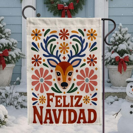Spanish Feliz Navidad Reindeer Flag, Folk Art Christmas Flag, Holiday Reindeer Garden Flag, Spanish Xmas Feliz Navidad Flag Decor,MYE980