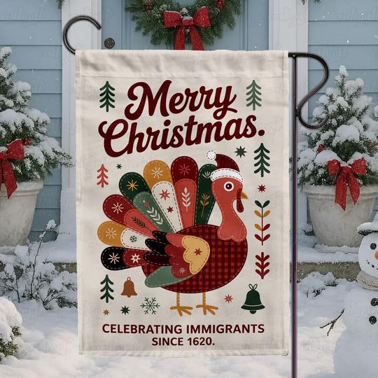 Discover Festive Turkey Immigrant Holiday Flag, Celebrating Immigrants 1620 Flag, Santa Hat Turkey Holiday Flag,Retro Immigrant Christmas Flag,MYE965