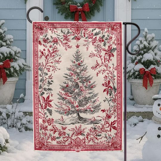 Red Toile De Jouy Holiday Flag, Classic Christmas Tree Garden Flag, Toile De Jouy Christmas Tree Flag, French Style Christmas Flag, MYK176