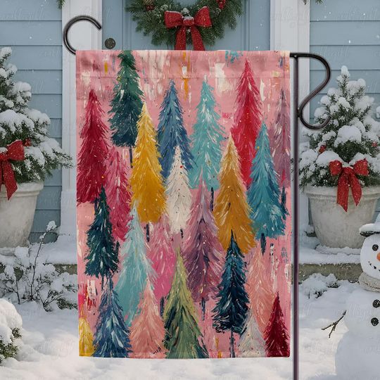 Discover Rainbow Pine Tree Christmas Flag, Festive Pine Forest Holiday Flag, Winter Wonderland Garden Flag, Vibrant Forest Christmas Flag, MYK189