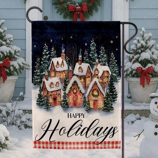 Happy Holidays Snowy Village Flag, Vintage Christmas Trees Garden Flag, Starry Night Holiday Porch Flag, Retro Christmas Village Flag,MYK206
