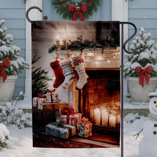 Christmas Stocking Fireplace Flag, Holiday Mantel Stockings Flag, Warm Christmas Living Room Flag, Festive Fireplace Gift Decor Flag, MYK186