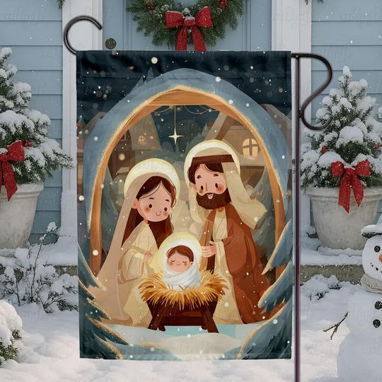 Blessed Nativity Night Christmas Flag, Snowy Bethlehem Festive Flag, Mary Joseph Jesus Nativity Flag, Star Of Bethlehem Holiday Flag, MYK193