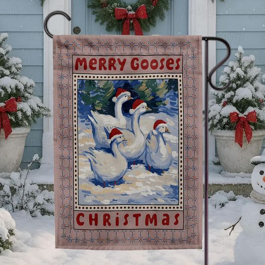 Discover Funny Goose Christmas Garden Flag, Santa Hat Geese Winter Flag, Goofy Goose Christmas Party Flag, Retro Happy Goose Christmas Flag, MYK187