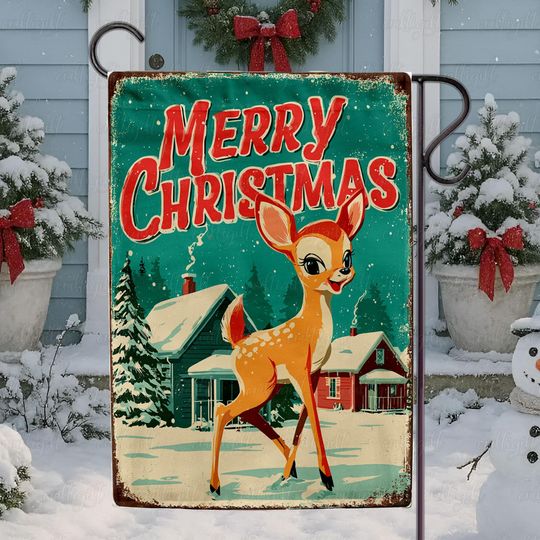 Discover Merry Christmas Cute Deer Flag, Snowy Reindeer Christmas Garden Flag, Cute Deer Winter Wonderland Flag, Merry Christmas Retro Flag, MYK182