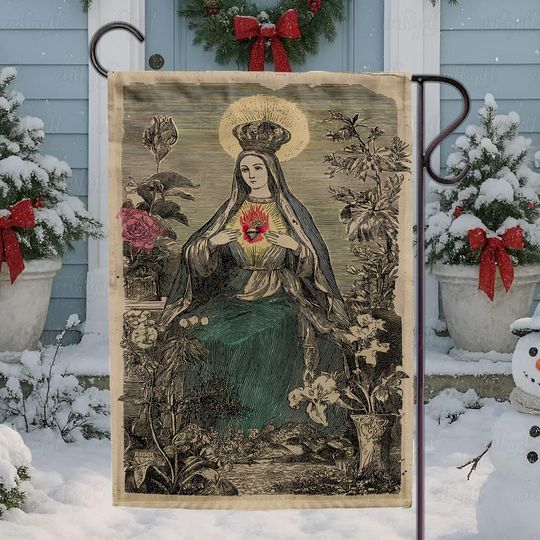 Catholic Sacred Heart Virgin Mary Flag, Holy Virgin Mary Christmas Flag, Floral Virgin Mary Religious Flag, Holy Mother Garden Decor, MYK166