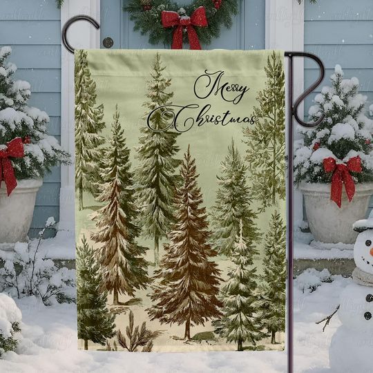Discover Pine Forest Christmas Welcome Flag, Snowy Woodland Christmas Garden Flag, Muted Pine Tree Holiday Banner, Mery Christmas Gift Flag, MYK164