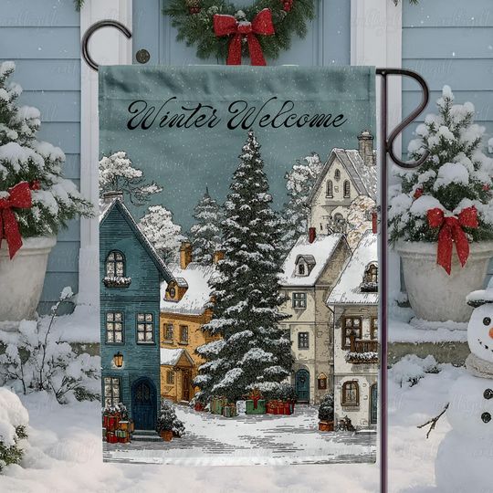 Discover Christmas Town Winter Welcome Flag, Snowy Tree Holiday Garden Flag, Cozy Christmas Town Square Flag, Retro Winter Wonderland Flag, MYK200