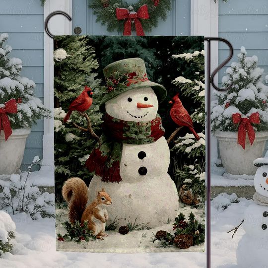 Discover Holly Festive Snowman Garden Flag, Green Hat Snowman Yard Flag, Cardinals And Snowman Holiday Flag, Woodland Snowman Winter Flag, MYK205