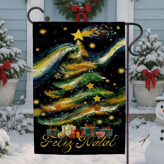 Discover Shooting Star Feliz Natal Flag, Portuguese Holiday Greeting Flag, Christmas Tree Gift Garden Flag, Whimsical Starry Holiday Flag, MYK204