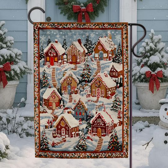 Winter Wonderland Cookie Village Flag, Candy Cane Holiday Town Flag, Christmas Candy Cottage Garden Flag, Christmas Home Decor Flag, MYK169