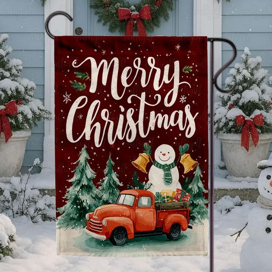Discover Vintage Red Truck Christmas Snowman Flag, Snowman Gifts Holiday Flag, Merry Christmas Snowy Flag, Snowy Pine Forest Christmas Flag, MYK171