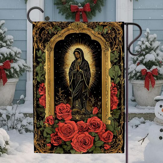 Discover Antique Sacred Mother Red Roses Flag, Holy Virgin Floral Garden Flag, Prayerful Mary Christmas Flag, Blessed Virgin Mary Floral Flag, MYK173