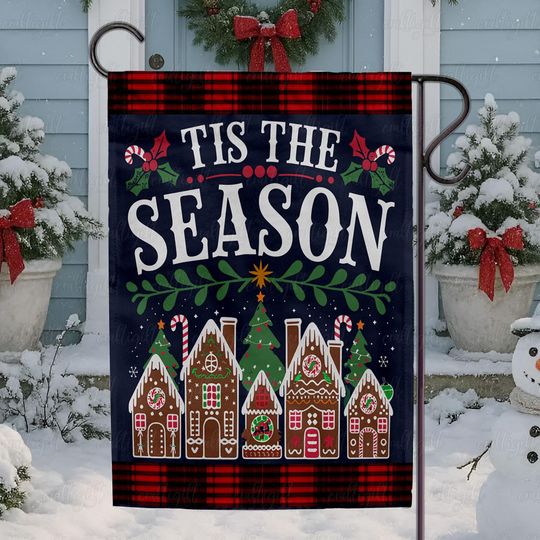 Discover Cute Gingerbread Christmas Flag, Plaid Christmas Village Garden Flag, Holiday Houses Tree Porch Flag, Festive Gingerbread Town Flag, MYK128