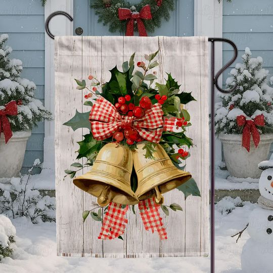 Discover Farmhouse Christmas Bell Scene Flag, Christmas Bells Garden Flag, Classic Golden Bells Christmas Flag, Rustic Holiday Bell Porch Flag,MYK147