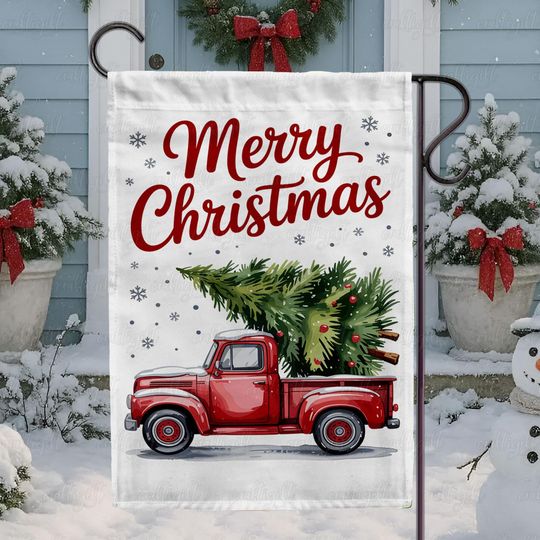 Discover Retro Red Truck Christmas Tree Flag, Snowy Christmas Truck Porch Flag, Merry Christmas Tree Truck Flag, Farmhouse Holiday Scene Flag, MYK144