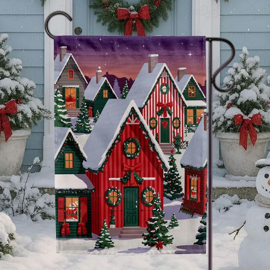 Discover Snowy Christmas Village Holiday Flag, Festive Holiday Town Garden Flag, Christmas Town Snow Flag, Snowy Christmas Houses Yard Flag, MYK130