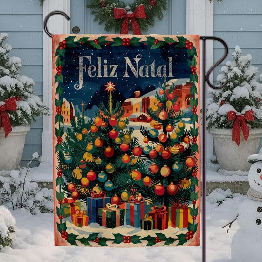 Discover Christmas Feliz Natal Holiday Flag, Portuguese Holiday Tree Garden Flag, Snowy Christmas Scene Yard Flag, Feliz Natal Holiday Flag, MYK131