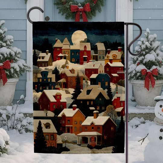 Welcome To Christmas Garden Flag, Moonlit Winter Village Flag, Starry Night Holiday Flag, Snowy Christmas Town Square Scene Flag, MYK145