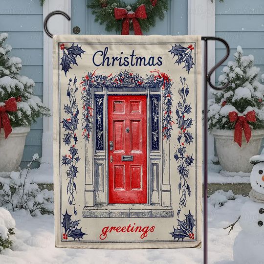 Discover Classic Red Door Christmas Flag, Christmas Greetings Garden Flag, Holiday Wreath Front Door Flag, Vintage Christmas Door Scene Flag, MYK153