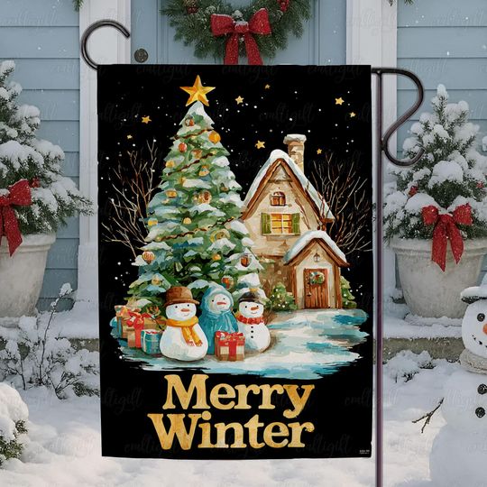 Discover Merry Winter Snowman Scene Flag, Classic Christmas Tree House Flag, Nostalgic Winter Night Garden Flag, Snowman Holiday Yard Flag, MYK156