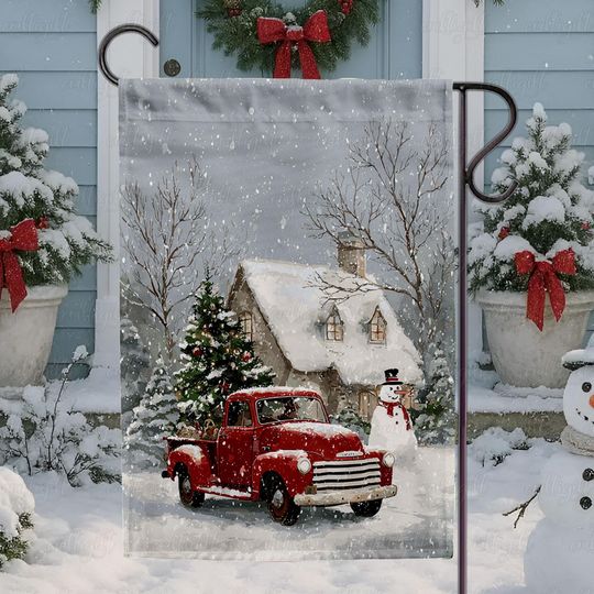 Discover Vintage Red Truck Christmas Flag, Winter Truck Christmas Garden Flag, Cozy Christmas Cottage Flag, Classic Snowy House Holiday Flag, MYK157