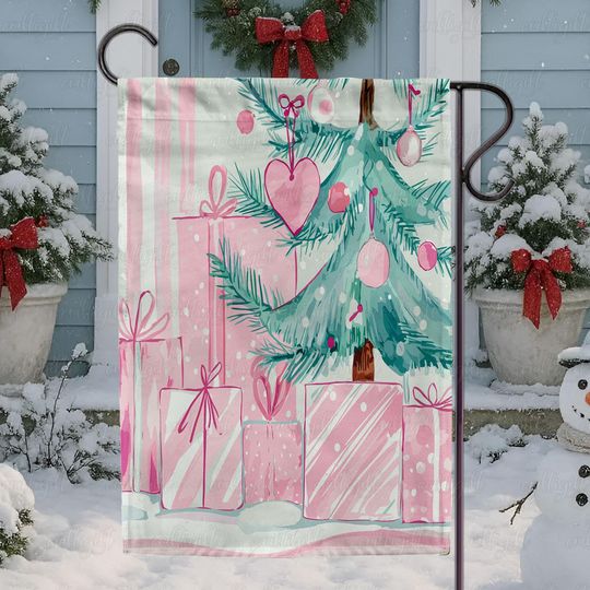Discover Festive Pink Tree Gift Flag, Pink Pastel Christmas Tree Garden Flag, Modern Christmas Tree Gift Flag, Whimsical Pink Holiday Decor, MYK139