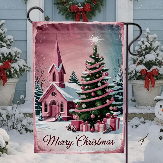 Discover Snowy Christmas Pink Church Flag, Winter Church Christmas Tree Flag, Merry Christmas Winter Flag, Pastel Christmas Village Yard Decor,MYK136