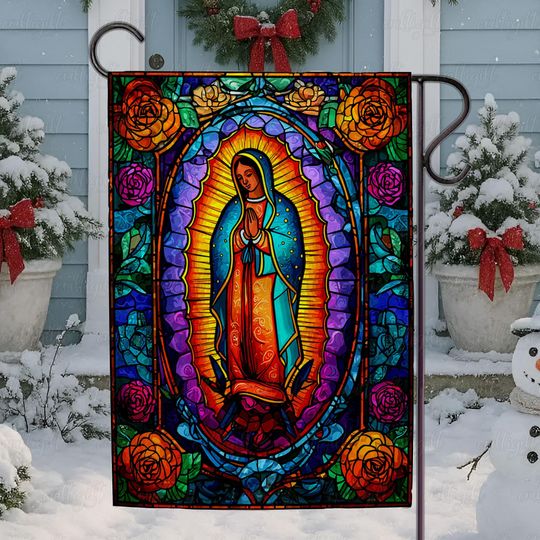 Vintage Virgin Mary Stained Glass Flag, Catholic Virgin Mary Floral Flag, Guadalupe Rose Religious Flag, Guadalupe Prayer Sacred Flag,MYK115