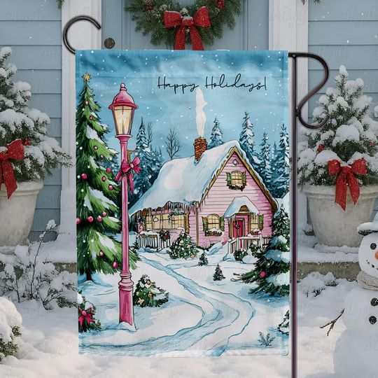 Discover Classic Snowy Holidays Wonderland  Flag, Aesthetic Pink Holiday House Flag, Cozy Winter Home Porch Flag, Snowy Cottage Garden Flag, MYK160