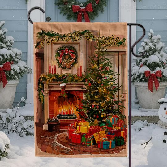 Vintage Christmas Home Garden Flag, Golden Tree Holiday Scene Flag, Merry & Bright Christmas Flag, Cozy Fireplace Holiday Scene Flag, MYK124