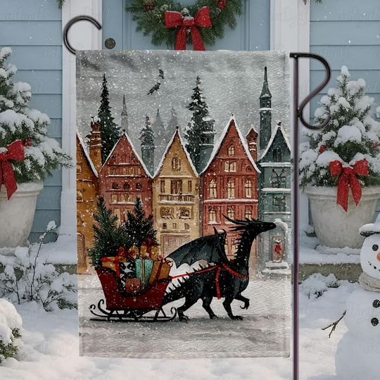 Discover Enchanted Holiday Village Flag, Dragon Sleigh Christmas Flag, Fantasy Christmas Dragon Garden Flag, Whimsical Snowy Town Porch Flag, MYK142
