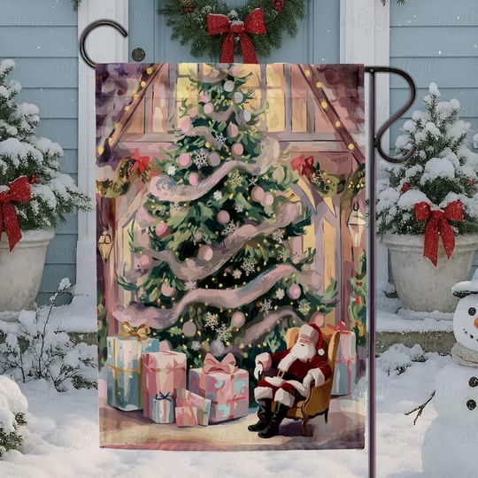 Discover Retro Santa Christmas Tree Flag, Pastel Holiday Room Scene Flag, Pink Ornament Christmas Garden Flag, Santa Claus Cozy Decor Flag, MYK125