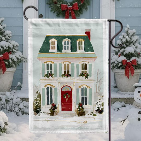Discover Holiday Home Winter Scene Flag, Snowy Christmas House Garden Flag, Holiday Home With Wreaths Flag, Festive Home Scene Outdoor Flag, MYK141