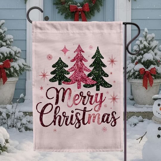 Toile De Jouy Christmas Tree Flag, Pink Trees Merry Christmas Flag, Pastel Holiday Tree Garden Flag,Festive Pink Trees Holiday Flag, MYK127
