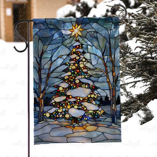 Colorful Lights Christmas Tree Flag, Snowy Tree Holiday Stained Glass Flag, Magical Christmas Tree Flag, Winter Xmas Tree Yard Decor, MYK031