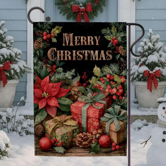 Nostalgia Merry Christmas Garden Flag, Christmas Holidays Decor Flag, Poinsettia Pinecone Holiday Flag, Rustic Christmas Yard Decor, MYK097