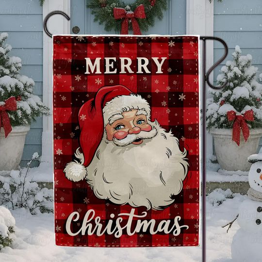 Discover Retro Red Plaid Santa Christmas Flag, Vintage Santa Garden Flag, Rustic Holidays Merry Christmas Flag, Festive Santa Red Plaid Flag, MYK104