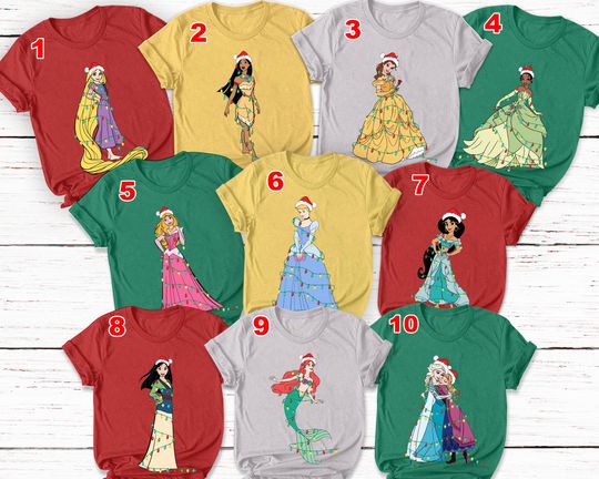 Discover Disney Princess All Characters Christmas Lights Costume Family Matching T-shirt