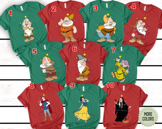 Discover Santa Seven Dwarfs Characters Christmas Light T-shirt, Snow White and Seven Dwarfs Custom Xmas Tee