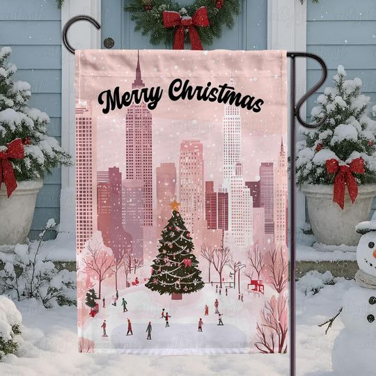 Discover Aesthetic Pink Christmas Town Flag, Winter Town Christmas Garden Flag, Tis The Season Home Decor Flag, Christmas Santa Outdoor Flag, MYK095
