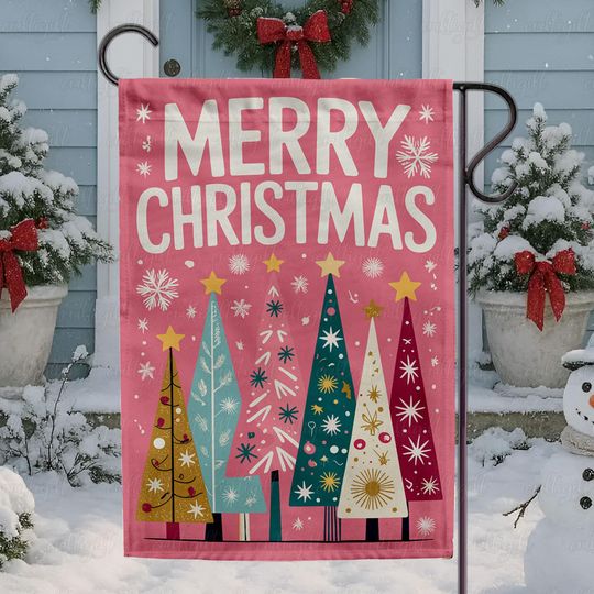 Aesthetic Merry Christmas Pink Flag, Rustic Christmas Season Garden Flag, Tis The Season Santa Flag, Christmas Trees Snowflakes Flag, MYK109