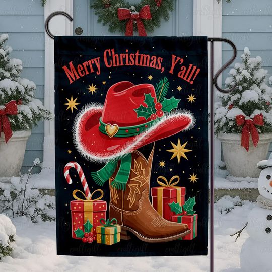 Discover Christmas Cowboy Boots Hat Flag, Western Christmas Garden Flag, Rustic Merry Christmas Y'All Flag, Cowboy Country Christmas Yard Flag,MYK110
