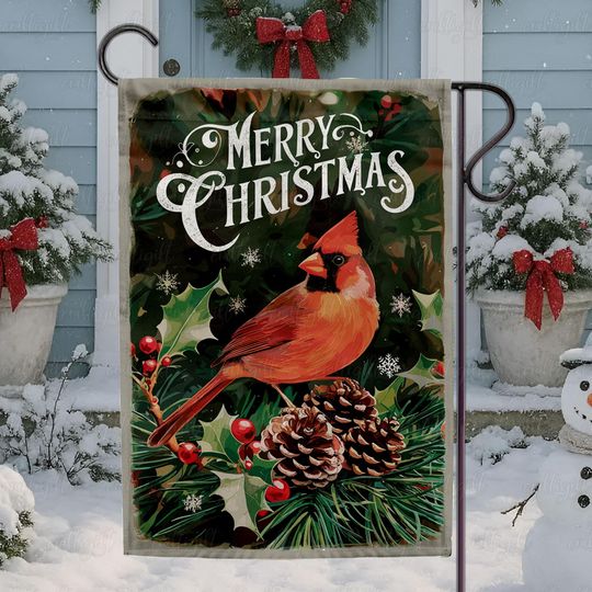 Nostalgia Red Cardinal Christmas Flag, Cardinal Bird Christmas Garden Flag, Retro Christmas Pine Tree Flag, Winter Season Home Decor, MYK093