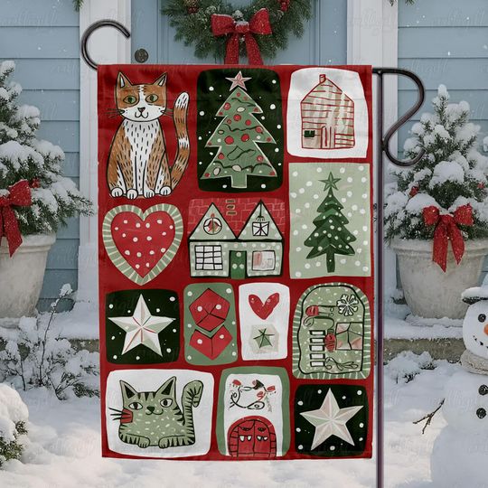 Discover Retro Doodle Christmas Themed Flag, Rustic Winter Welcome Flag, Cozy Holiday Festive Garden Flag, Season Greeting Hello Winter Flag, MYK111