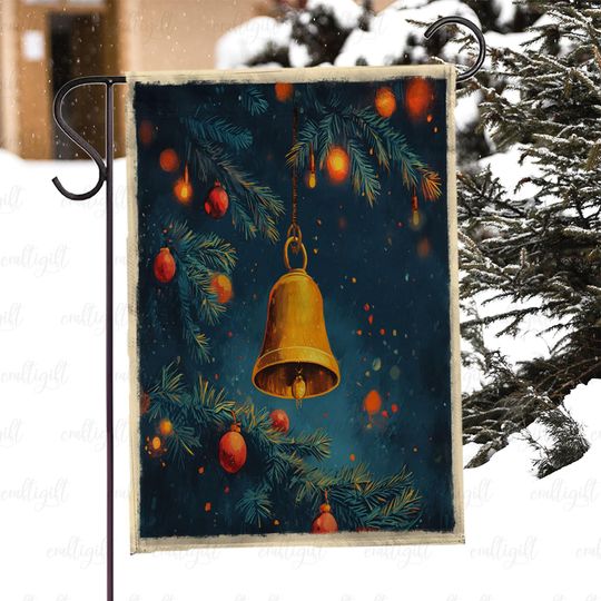 Golden Jingle Bell Christmas Flag, Holiday Jingle Bells Garden Flag, Retro Festive Tree Branch Flag, Christmas Lights And Bell Flag, MYI995