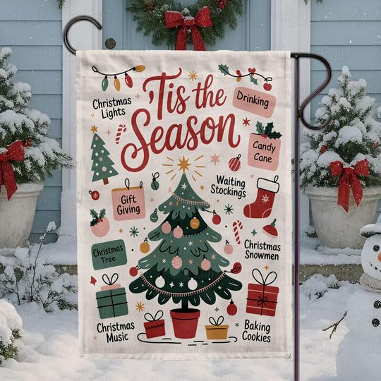 Discover Retro Tis The Season Christmas Flag, Christmas Greeting Holiday Traditions Flag, Christmas Tree Cookies Flag, Cozy Christmas Decor, MYK103